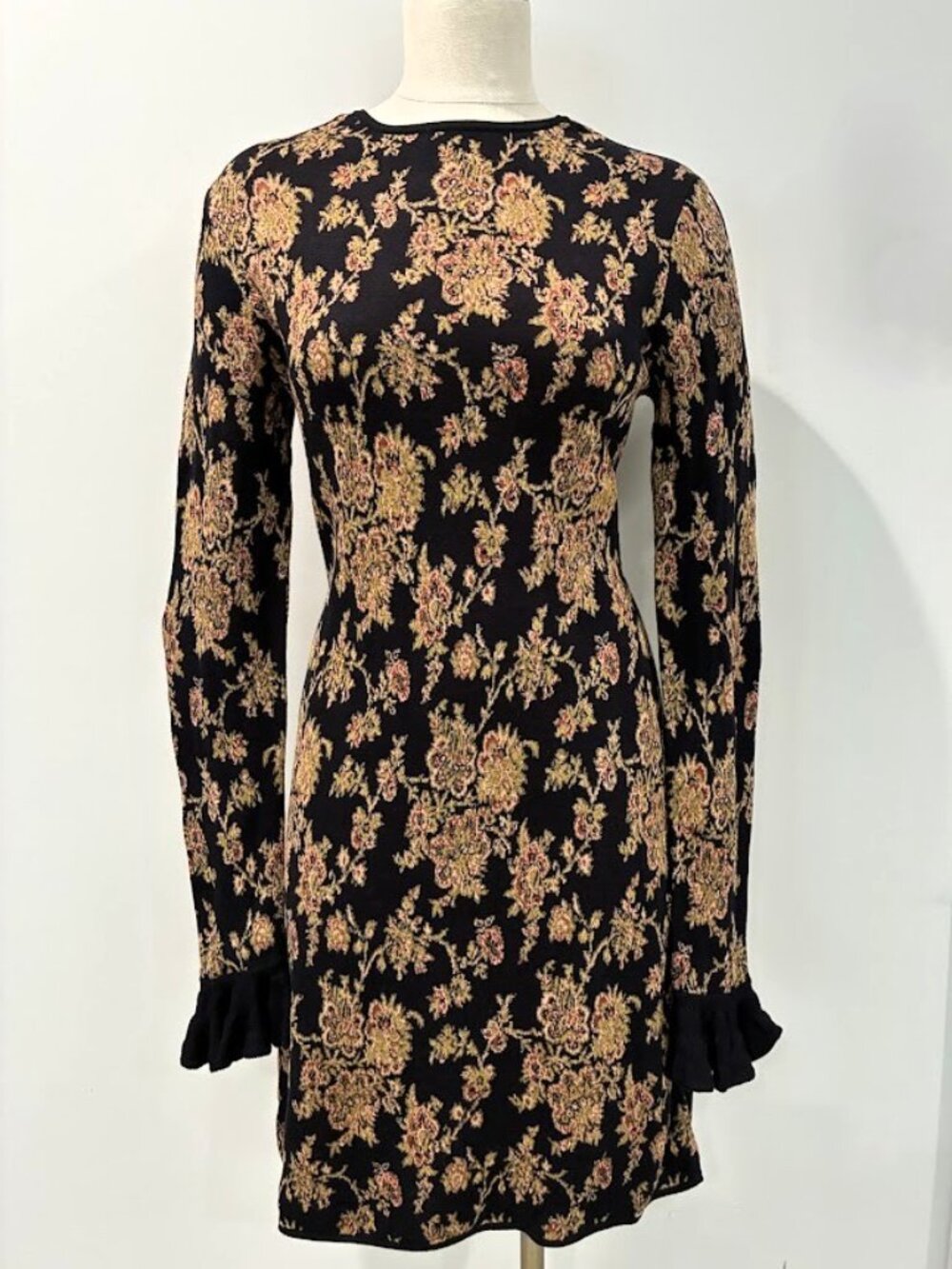 Peruvian Connection Pima Cotton Knit Ruffle Cuff Dress M Tapestry Floral